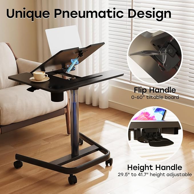 JOY worker Rolling Standing Desk, 60° Tiltable Mobile Laptop Desk, Black | Pneumatic Height Adjustable Cart, Portable Stand Up Desk with Wheels & Cup Holder for Office Home School, Holds Up to 22lbs - Image 5