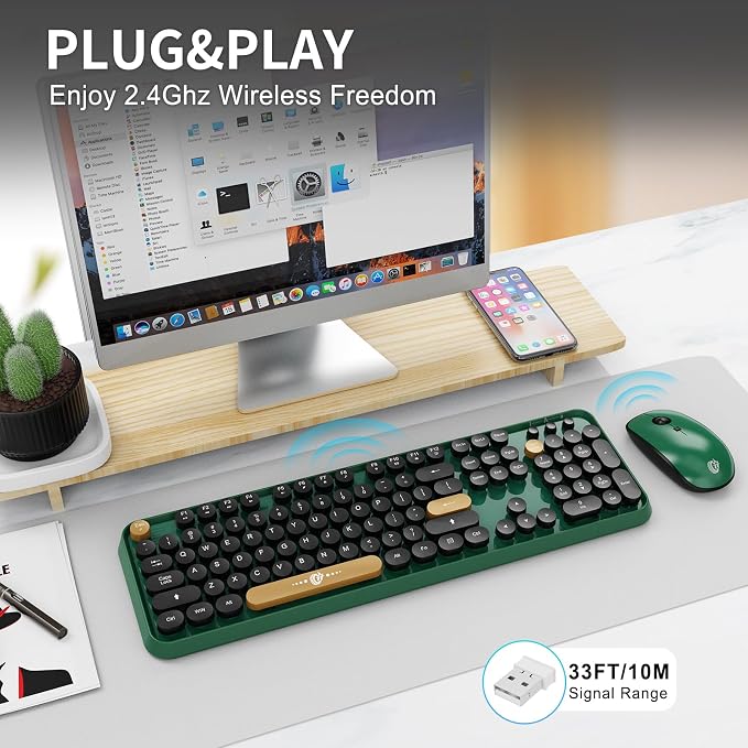 Green Wireless Keyboard and Mouse Combo,Typewriter Keyboard with Round Keys,2.4G Wireless Full Size Colorful Keyboard with Number Pad for Computer Laptop and Desktop - Image 2