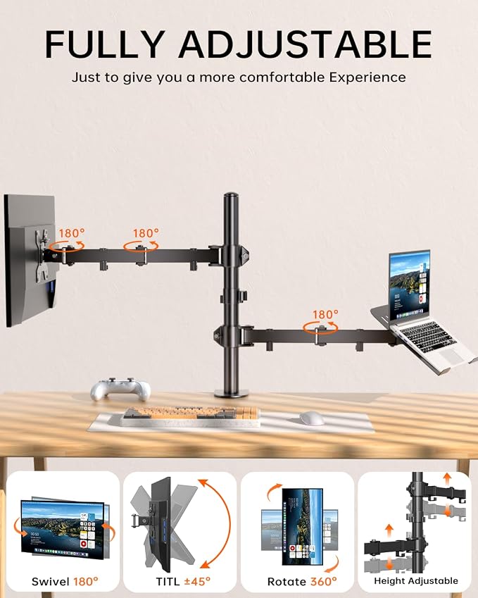 Afaloona Dual Monitor and Laptop Stand for 13-32" Monitor & 11-17" Laptop | Removable laptop tray converts to a dual monitor mount with full-motion adjustment for work and gaming, up to 18 lb per arm. - Image 4