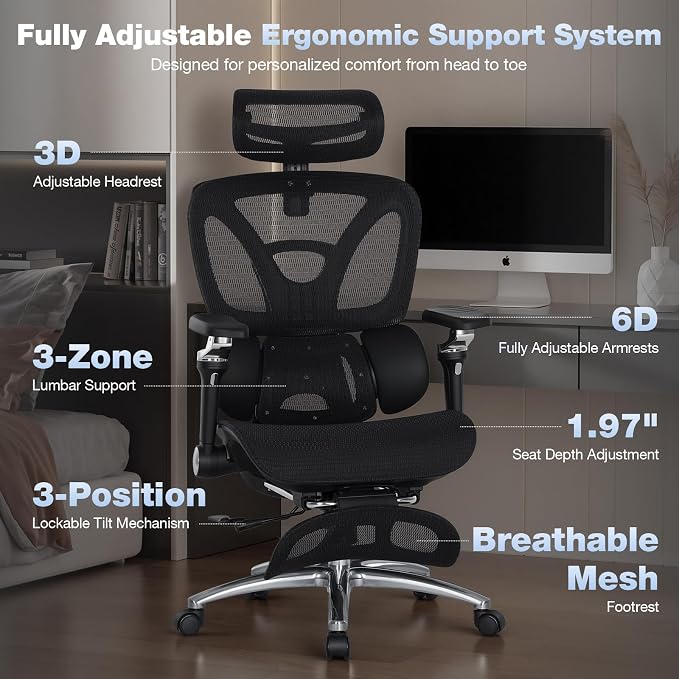 MALOL Ergonomic Office Chair, 400lbs High Back Mesh Desk Chair with 6D Armrests, 3D Headrest, Adjustable Lumbar Support, Seat Depth Adjustment, Tilt Lock, Metal Base & PU Wheels, Black - Image 5