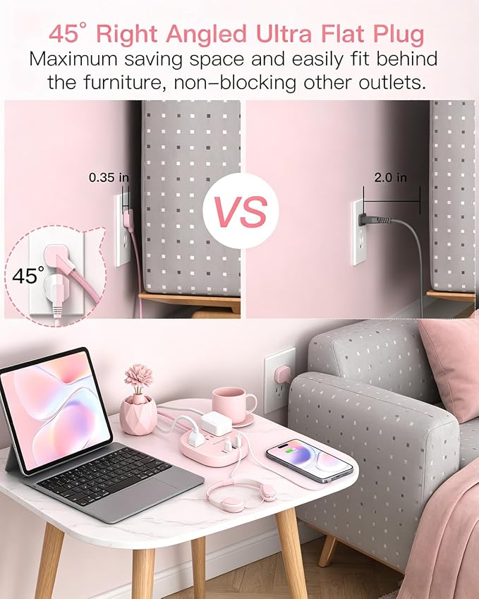 Cruise Ship Travel Essentials, 22.5W/4.5A Flat Plug Power Strip, Pink | 3 Outlets 4 USB Ports (2 USB C),Power Strip No Surge Protection for Cruise Ship, Home Office Dorm Room Travel Essentials - Image 4