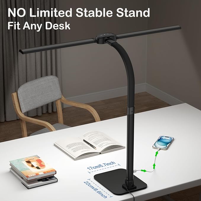 24W LED Desk Lamp for Home Office, 1500lm Dual Head Task Light with Remote | Tall Architect Lamps for Reading, USB Charging Port, Eye Caring, Dimmable 5 Color Modes, Adjustable Gooseneck, Timer, Base - Image 5
