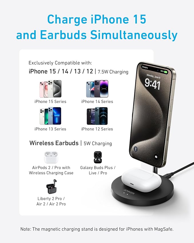 Anker PowerWave 2-in-1 MagSafe Compatible Wireless Charging Stand | Magnetic Dual-Device Dock Lite for iPhone 16 / 15 / 14 / 13 Series, AirPods 2 / Pro, and More (Adapter Not Included) - Image 3