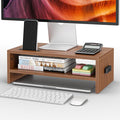 BONTEC Wooden Monitor Stand Riser for Desk, 2-Tier Computer Monitor Stand | 66 lbs Desk Shelf Organizer with Storage, Laptop & Printer Stand with Phone Holder and Cable Management, Walnut, 16.5 Inch by BONTEC