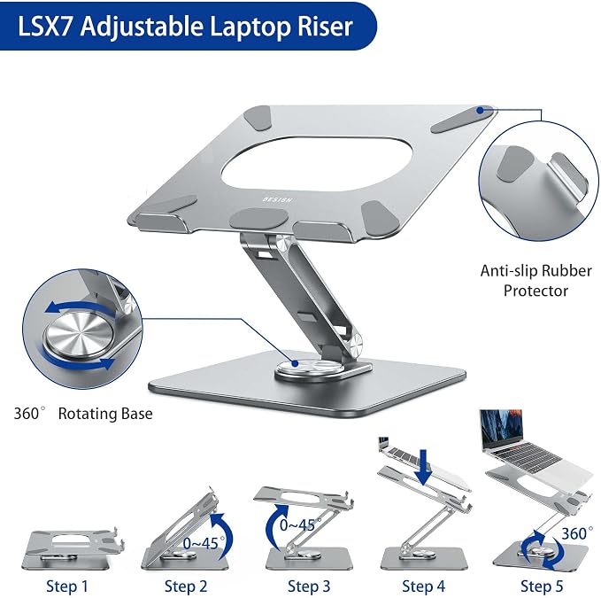 BESIGN LSX7 Laptop Stand with 360 Rotating Base, Ergonomic Adjustable Notebook Riser, Foldable Computer Holder Compatible with 10-15.6" Laptops (Gray) - Image 8