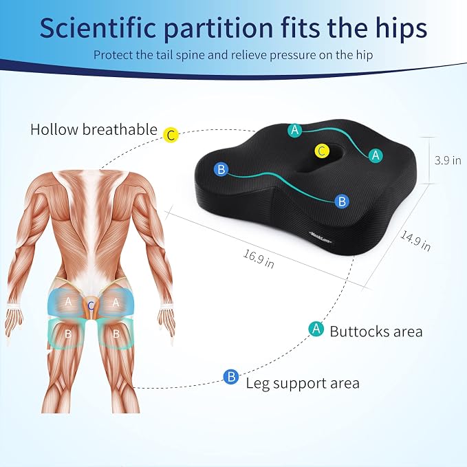 Memory Foam Seat Chair Cushion for Relieves Back Sciatica Pain Tailbone Pain Coccyx Degenerating Disc Orthopedic Osteoarthritis Prostate Cushion Low Back Pain Cushion Hip Shaping (Black mesh) - Image 4