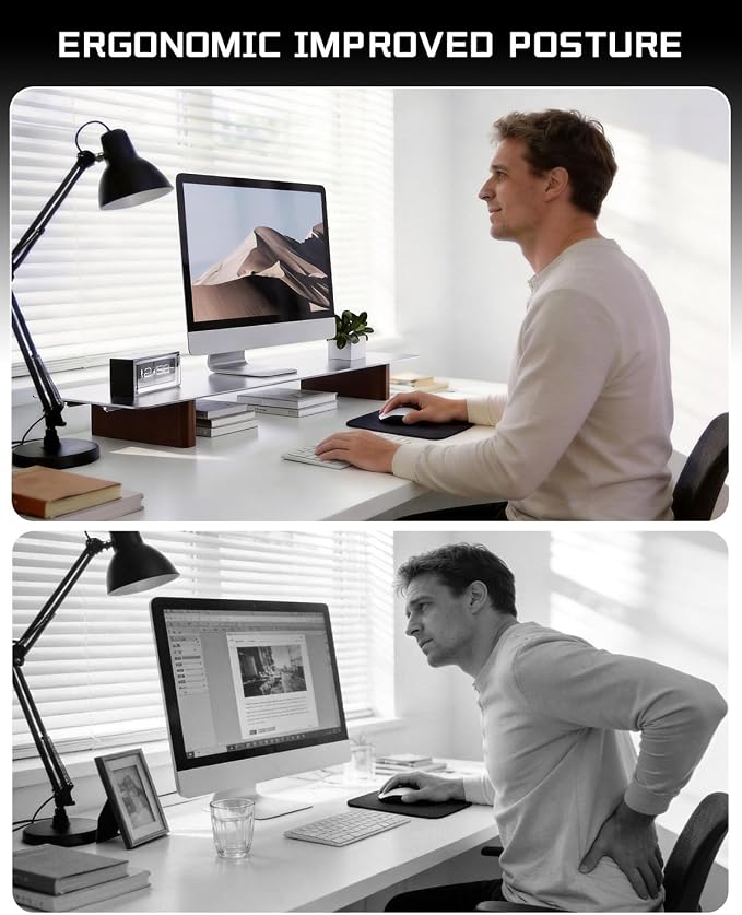 Aluminum Monitor Stand Riser, Ergonomic Desktop Shelf with Wooden Legs - 31.5” Wide Heavy Duty Computer Stand for Home Office, Universal Desktop Monitor Riser for PC, iMac, MacBook, Laptop - Image 5