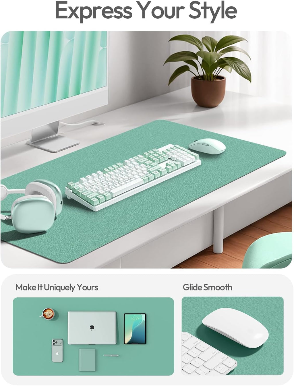 YSAGi Leather Desk Protector, Office Mat, Large Mouse Mat, Non-Slip PU Leather Blotter, Laptop Desk Mat, Waterproof Writing Pad for Office and Home (Green-Blue, 31.5" x 15.8") - Image 2