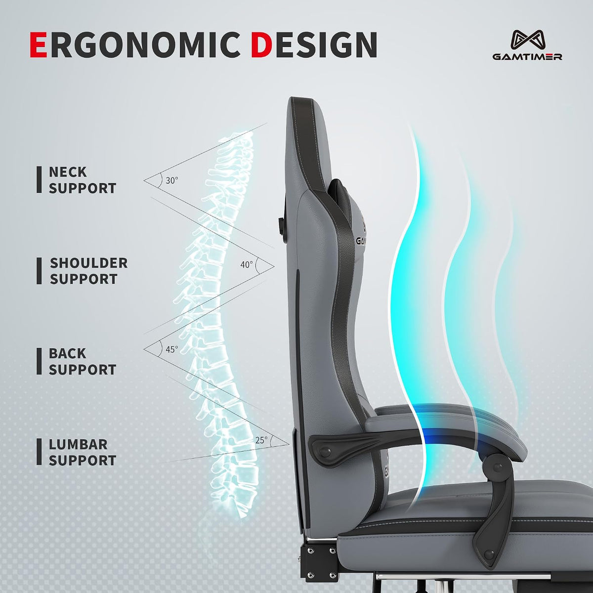 Gaming Chair, Computer Office Chair with Pocket Spring Cushion, 400 LBS Weight Capacity, Breathable PU, Headrest & Lumbar Support, for Silla Gamer Adults,Black（Grey） - Image 7