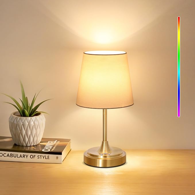 Wowag Small Cordless Table Lamp Rechargeable,5000mAh Battery Operated Desk Lamp,3 Colors & 7 RGB Stepless Dimmable,Touch Ambient Light for Bedside,Bedroom,Dining Room,Living Room,Gold,WhiteShade by Wowag