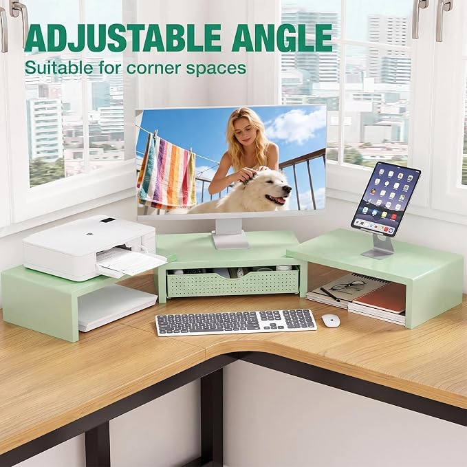 Dual Computer Monitor Stand Riser, Desk Organizer with Drawer, Office Desk Accessories & Workspace Organizers for Home Office Supplies, Green - Image 3