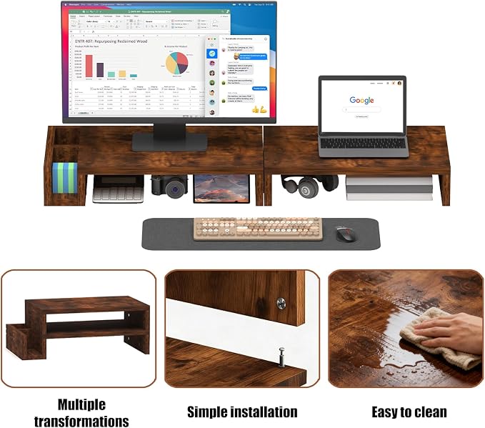 Wood Dual Monitor Stand Riser for Desk, 30" Long Monitor Riser with Pen Holders, Desktop Storage Organizer for 2 Monitors, Computer, Laptop, PC, Printer, TV, Rustic Brown (Dual) - Image 5