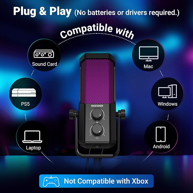 NEEWER UM01 AI Noise Canceling USB Microphone, Plug & Play Cardioid RGB Condenser Mic Mute/Music Sync/App Control for Android Windows PC Mac PS4/5 Gaming Recording Streaming Podcasting Studio Computer - Image 6