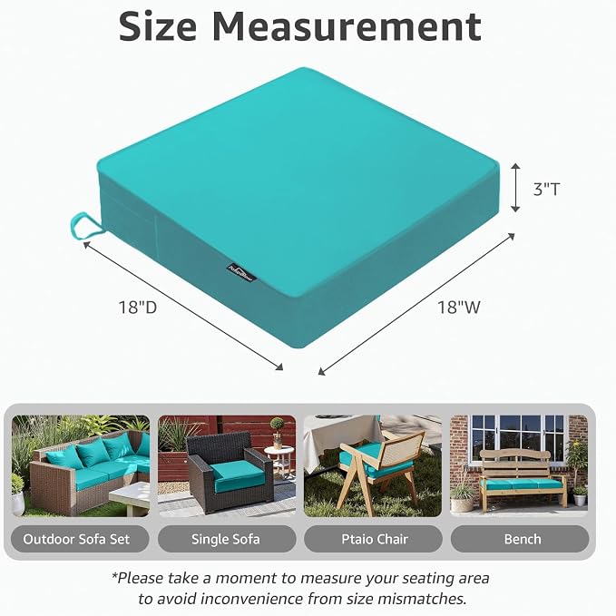 PatioGlow Outdoor Chair Cushions 18 x 18 x 3 Inch, Waterproof & Fade Resistant Patio Seat Cushion for Furniture with Handle and Ties, Thick Seating Pads for Outside Sofa Couch Set of 2, Teal - Image 2