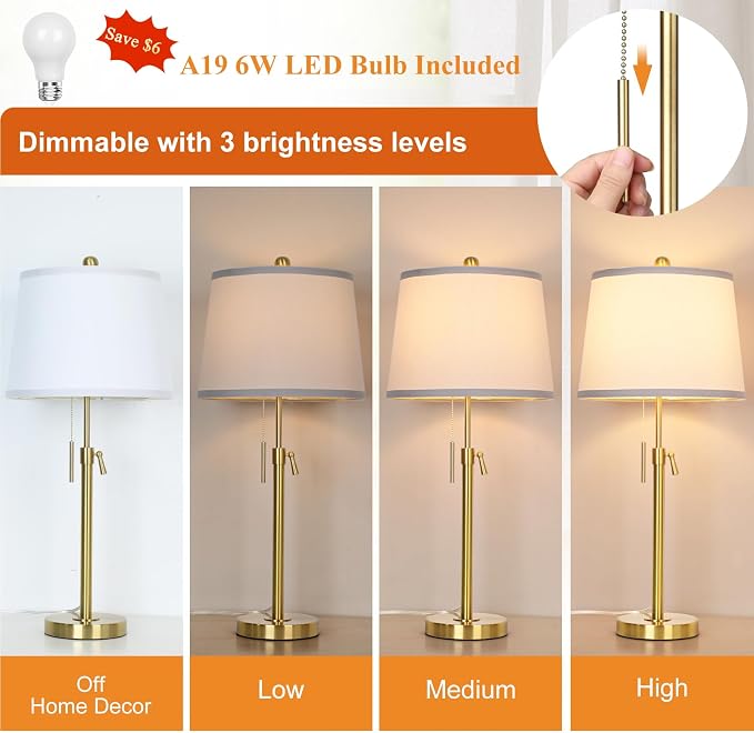 Modern Gold table Lamp 22" to 30"Adjustable Height 3 Brightness Way Brass Nightstand with White Linen Shade Pull Chain Pole Lights for Living Room Guest Bedroom End Table Office(Bulb Included, Single) - Image 3