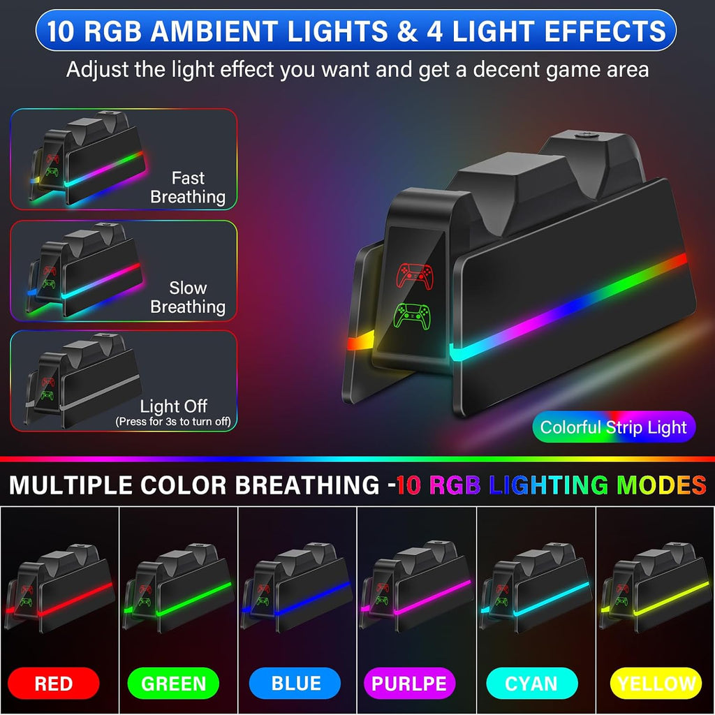 PS5-Controller-Charger-Station - Charging Station for PlayStation 5 Dualsense/Edge Controller with 9 Color Led Light, Fast Charging Dock & Holder Stand for PS5/Slim/Pro Remote - Whole Black - Image 2