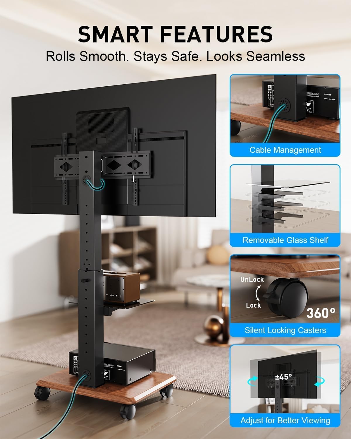 Heavy Duty Rolling TV Stand for 32-75 Inch TVs Holds up to 132 lbs - Image 4