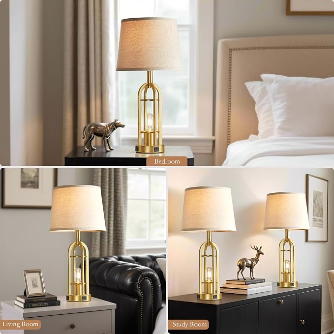 SRJJA Gold Table Lamps for Living Room Set of 2 - Modern Farmhouse Bedside Lamps for Bedroom Night Stands with Nightlight and USB A+C, Industrial Lamp for Living Room End Tables - Image 4