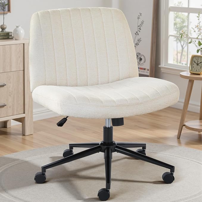 OLIXIS Criss Cross Office Chair, Vanity Chair, Home Office Desk | Wide Seat, Height Adjustable, Comfy Fabric, Armless No Wheels, Bedroom, Study Room, Beige by OLIXIS