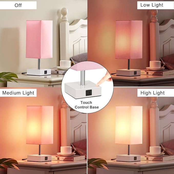 Pink Touch Table Lamp for Bedroom - Dimmable, USB C+A, Girls Bedside Lamp | 3-Way Dimmable, 3000K LED Bulb Included, Square Pink Shade White Base, Cute Room Decor for Teen Girls, Kids, Nightstand, Desk - Image 4