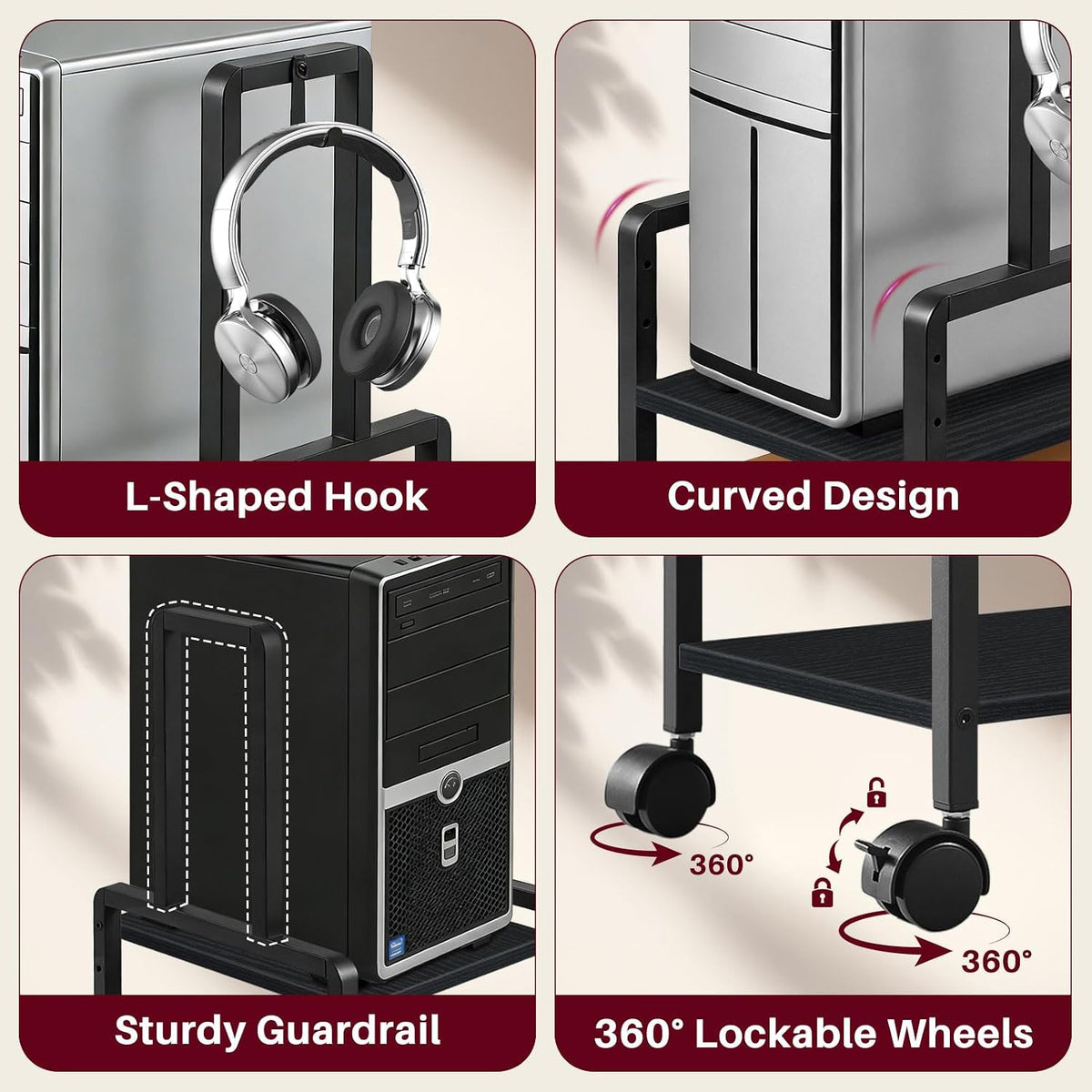 Adjustable 2-Tier PC Stand, Computer Tower Stand with 360° Locking Wheels & Hooks, CPU Cart for Floor, Carpet and Under Desk, 15.2" x 11.8" x 26", Black - Image 6