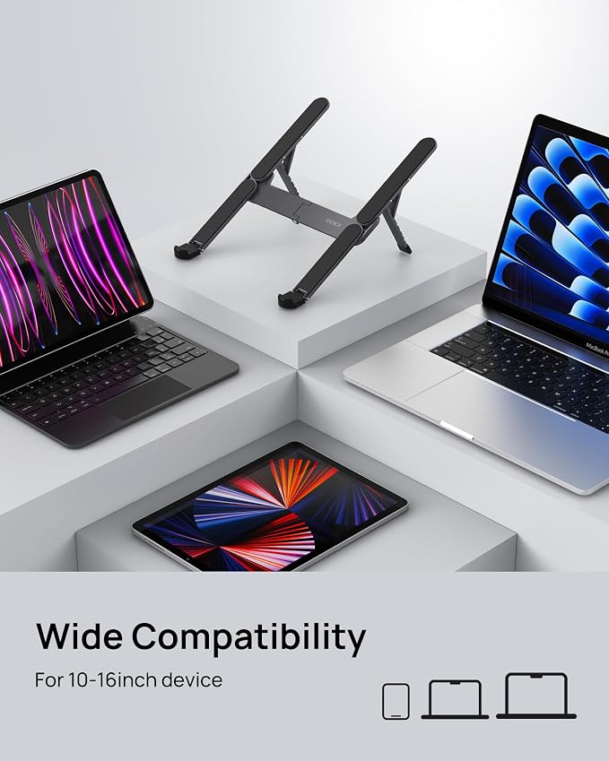 Ultra Compact Foldable Laptop Stand - Portable Laptop Holder for Desk & Travel Use, Ergonomic Aluminum Computer Holder with Adjustable Height for MacBook, Tablet 10-16" (Dark Black, Bi-Fold) - Image 6