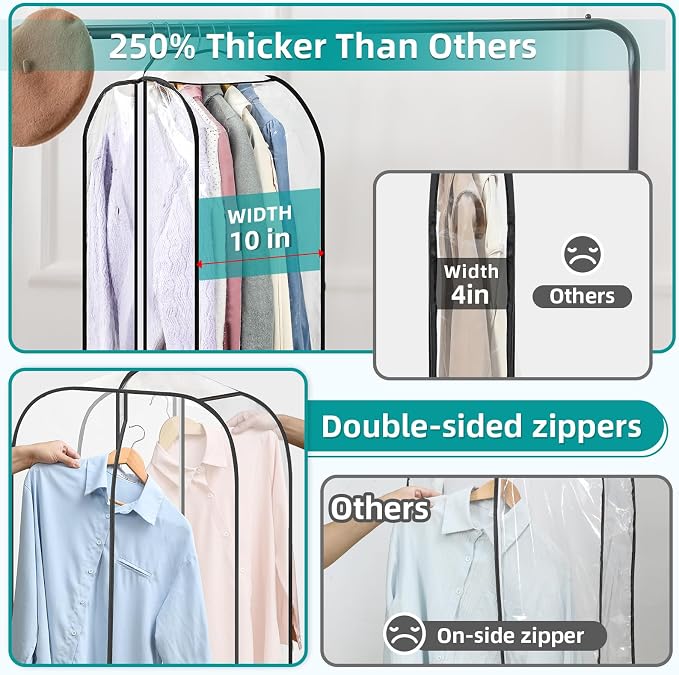 LANDNEOO 6 Pack Clear Garment Bags for Hanging Clothes with Zippers on Double Sides - 10'' Clothes Storage for Coat, Dress, and Fur in Closet - 50'' Long Suit Bags - Image 4