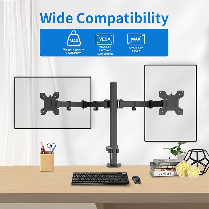 Dual Monitor Mount for 17-27 Inch Monitors up to 17.6 lbs, Desk Clamp | ±45° Tilt | ±90° Swive l 360° Rotation | Height Adjustable | C-Clamp Mount | Cable Management | VESA 75×75/100×100 mm - Image 2