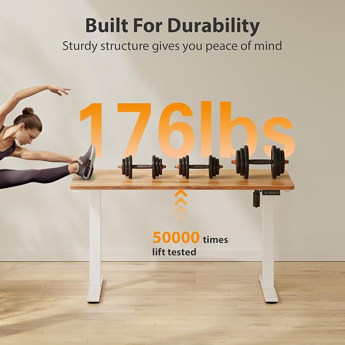 Cubiker Standing Desk, 63x28 Inches Sit Stand Home Office Desk, Electric Stand up Desk, Adjustable Desk with Splice Board, White Frame/Light Rustic Top - Image 4