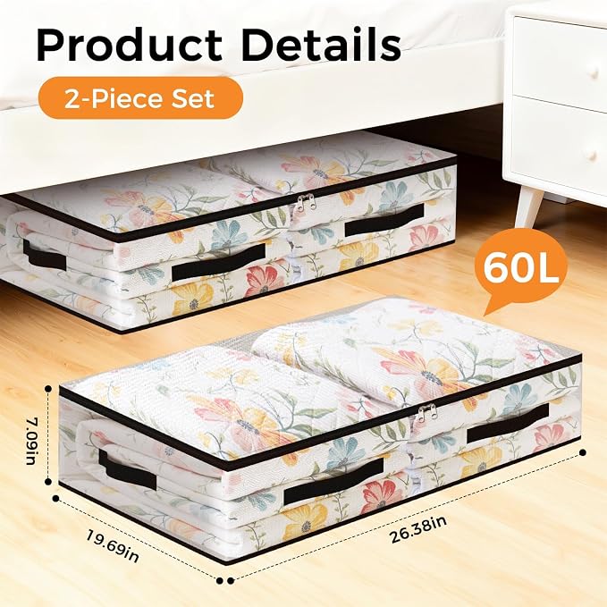 2 Pack Under Bed Storage Bags, 60L Foldable Clear Containers with Handles | Dual Zipper Storage Bins for Comforters, Bedding, Blankets, Closet Organizer for Clothes, Linen Sheets, Sweaters - Image 2