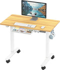 SHW Mobile Electric Height Adjustable Standing Desk w/Drawer, Walnut | 40" Wide Top | w/ Memory Presets and Cable Management | Drawer with adjustable compartments | Hanging Hooks by SHW