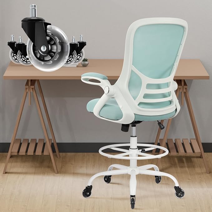 Drafting Chair Tall Office, Ergonomic Standing Desk Stool Adjustable Drafting Chair Big Tall Drafting Office Chair Blue by HYLONE