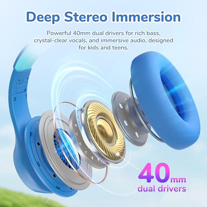 EarFun K4NC Active Noise Cancelling Headphones for Kids,120H Playtime Blue | 74/85/94dBA Volume Limited, Kids Bluetooth Headphones with Mic, Bluetooth 5.4 Stereo Sound Kid Headset for School/Home/Travel - Image 4