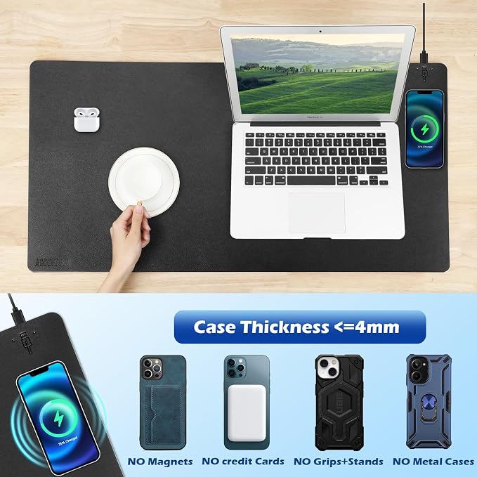 Wireless Charging Desk Mat, Mouse Pad,Black-R, 36 * 17 inch | Desk Pad for Desktop Charging, Large Mouse Pad, Waterproof Leather Computer Mat, Non-Slip Protector, For Keyboard and Mouse - Image 5