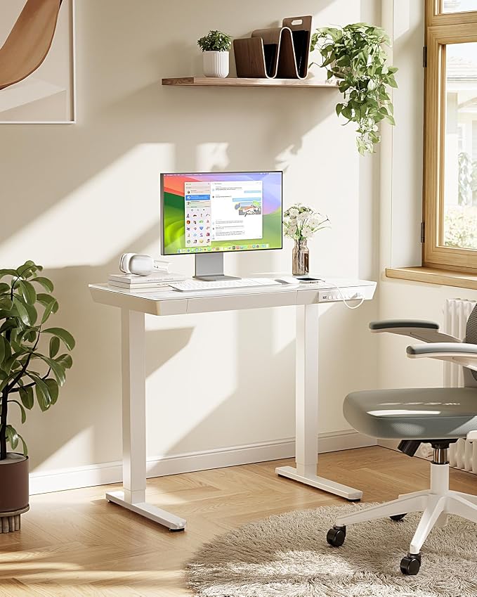 Marsail Glass Standing Desk, 35 x 20 Inch Small Sit Stand Desk | Sit Stand Design, Storage Drawer, One-piece tempered glass top, Compact Home Office Desk,Steady, easy to clean - Image 2