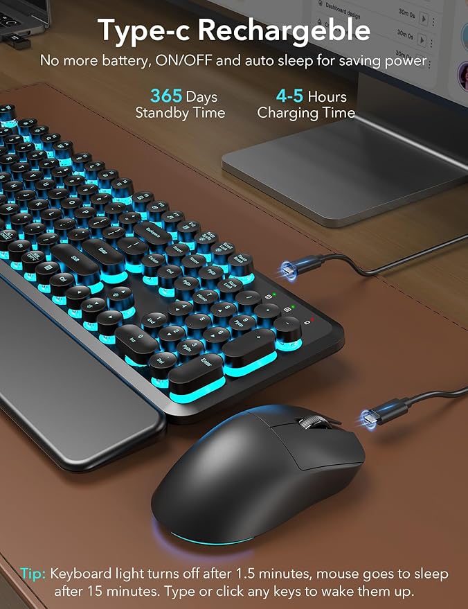 Wireless Keyboard and Mouse Backlit - Typewriter Keyboard with Magnetic Wrist Rest, Retro Round Keys, Light Up Letters, 2.4GHz Cordless Combo for Mac, Windows, PC, Laptop, Trueque CK23Pro [Upgraded] | Retro Round Keys, Light Up Letters, 2.4GHz Cordless... - Image 4