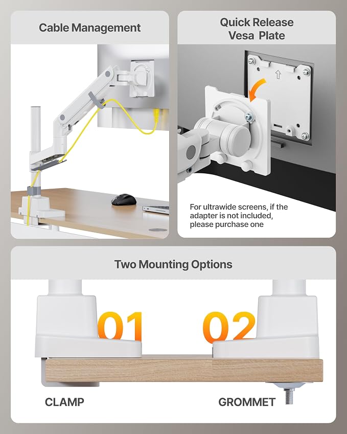 monTEK Ultrawide Monitor Arm Max 57",Height Adjustable 8.1"-25.5",White | Fits 17–57" Curved Monitors, Up to 59.4 lbs,Heavy Duty 75/100 VESA Monitor Stand,No Sag,Gaming & Office Workstation - Image 7