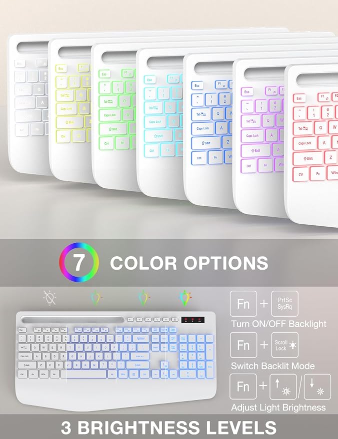 Wireless Keyboard and Mouse Combo - 9 Backlit Effects, RGB, 2.4Ghz | Ergonomic Wrist Rest, Phone Holder, Rechargeable, Full Size, KM22 MAX Silent Set for Computer, Laptop, Mac, Windows (White) - Image 8