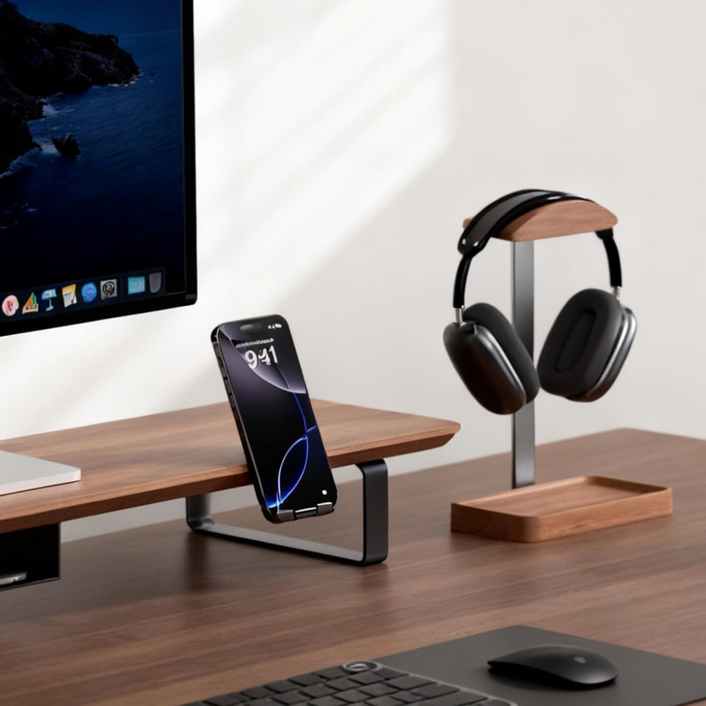 muso wood Walnut Headphone Stand, Wood Headset Stand with Storage Base - Image 8