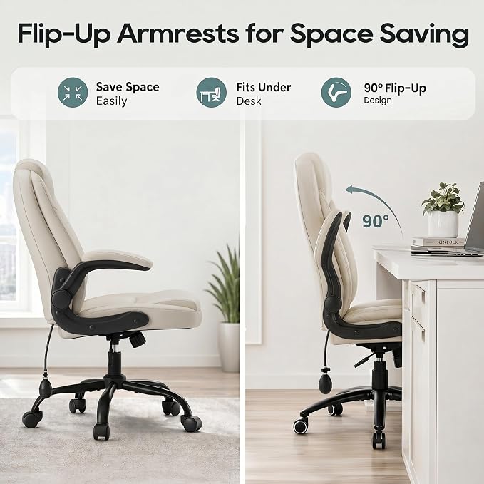 MALOL Leather Office Chair, Computer Desk Chair with Adjustable Lumbar Support, Thick Cushion, Flip-Up Arms and Ergonomic Back, Comfy Executive Office Chair for Home Office Gaming,Beige - Image 5