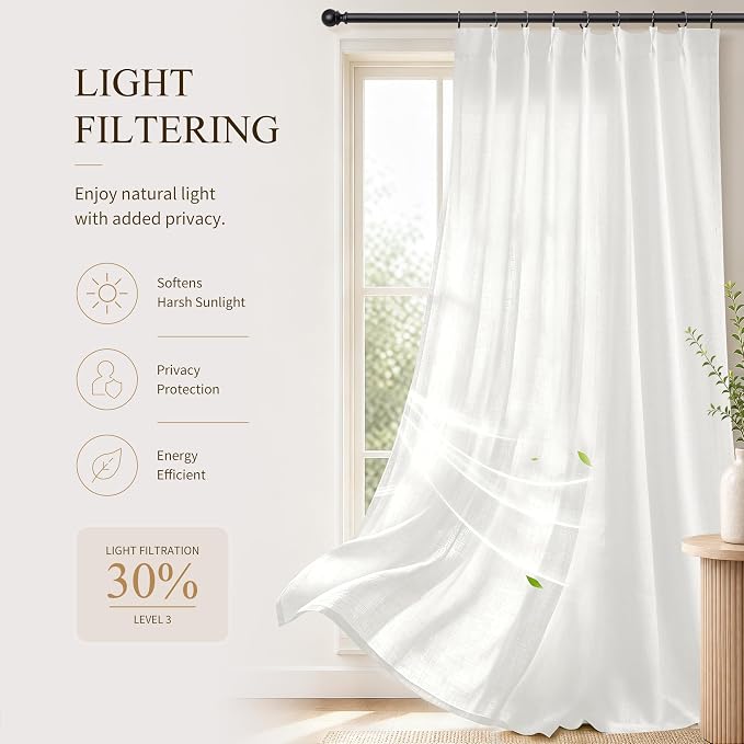 Hokibero Off White Pleated Linen Curtains 102 Inch Long for Living Room | White Light Filtering Semi Sheer Curtain,Back Tab Hooks Rings,Farmhouse Textured Privacy Drapes for Bedroom Window,2 Panels - Image 6