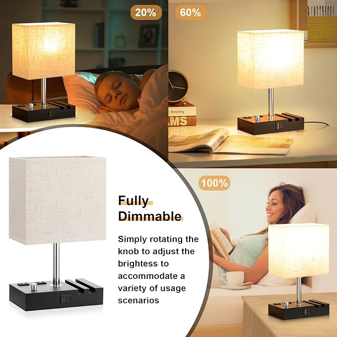 Beige Bedside Table Lamps Set of 2 - Dimmable, USB C+A, 2 AC Outlets | Dimming By Rotary Knob, USB C+A Ports, 2 Phone Stands, LED Bulbs Included, Rectangle Beige Lampshade, for Living Room, Desk - Image 2