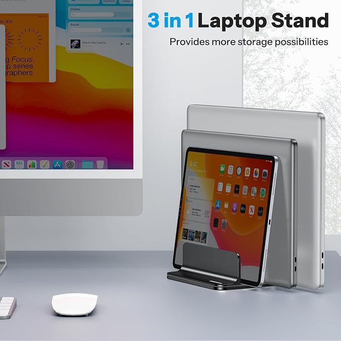 OMOTON 3-Slot Multiple Vertical Laptop Stand, Fits All MacBook, Black | Adjustable Width 0-1.38", Aluminum Office Space-Saving for Desk, Fits MacBook/Book/iPad Up to 17.3in - Image 7