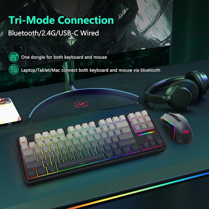 Redragon Wireless Mechanical Keyboard and Mouse Combo, RGB Backlit | Bluetooth/2.4Ghz/USB-C Wired, TKL Creamy Gaming Keyboard with Hot Swappable Linear Switches + 12800 DPI Gamer Mouse - Image 4