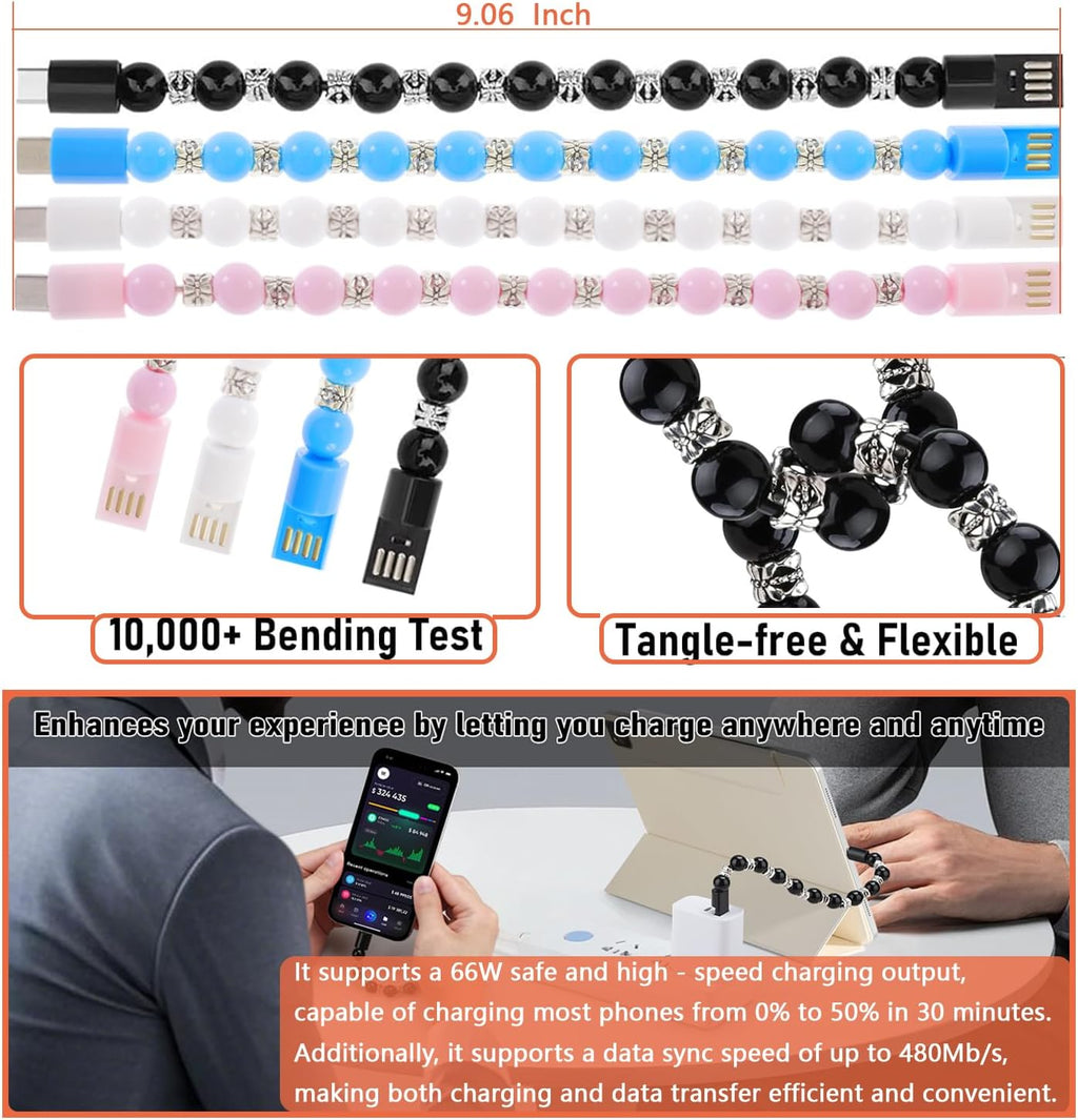Multicolor Short Type-C Fast Charging Data Bracelet Cable: Black for Power, White for Purity, Pink for Passion, Blue for Calm - Image 4