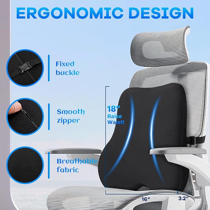Gel Seat Cushion & Lumbar Support Pillow Set, Cooling Memory Foam for Tailbone & Sciatica Pain Relief, Ergonomic Office Chair Cushion with Breathable Mesh Cover for Car, Home, Wheelchair (Black) - Image 3