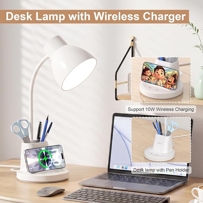 10W Wireless Charging LED Desk Lamp with Pen Holder, CRI 95, White | 800LM, 3 Modes, 360°Flexible Arm, Touch, Brightness, Table Lamp for Home Office, Dorm, Bedside, Study, Reading, with Adapter - Image 2