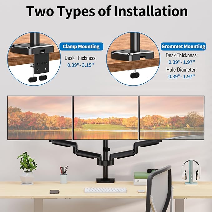 Triple Monitor Desk Mount for Computer Screens up to 32" | Holds up to 19.8 lbs Each, 3 Monitor Arm, Heavy Duty Stand Vesa Mount 75x75, 100x100 - Image 4