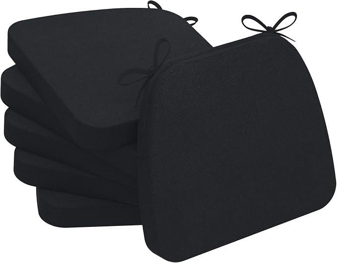 AAAAAcessories D-Shaped Chair Cushions, 2" Thick Dining Chair Pads with Ties and Removable, Machine-Washable Cover, 17" x 16", Set of 6, Black by AAAAAcessories