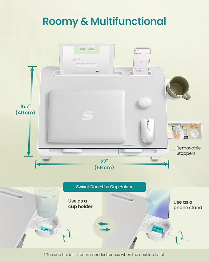 SONGMICS Bed Laptop Desk, Foldable Bed Desk for Laptop, 15.7 x 22 Inches Large Desktop, 120° Stepless Tilt, Adjustable Height, Cup Holder, Tray, Portable Bed Sofa Table, Gray ULLD113GZ01 - Image 5